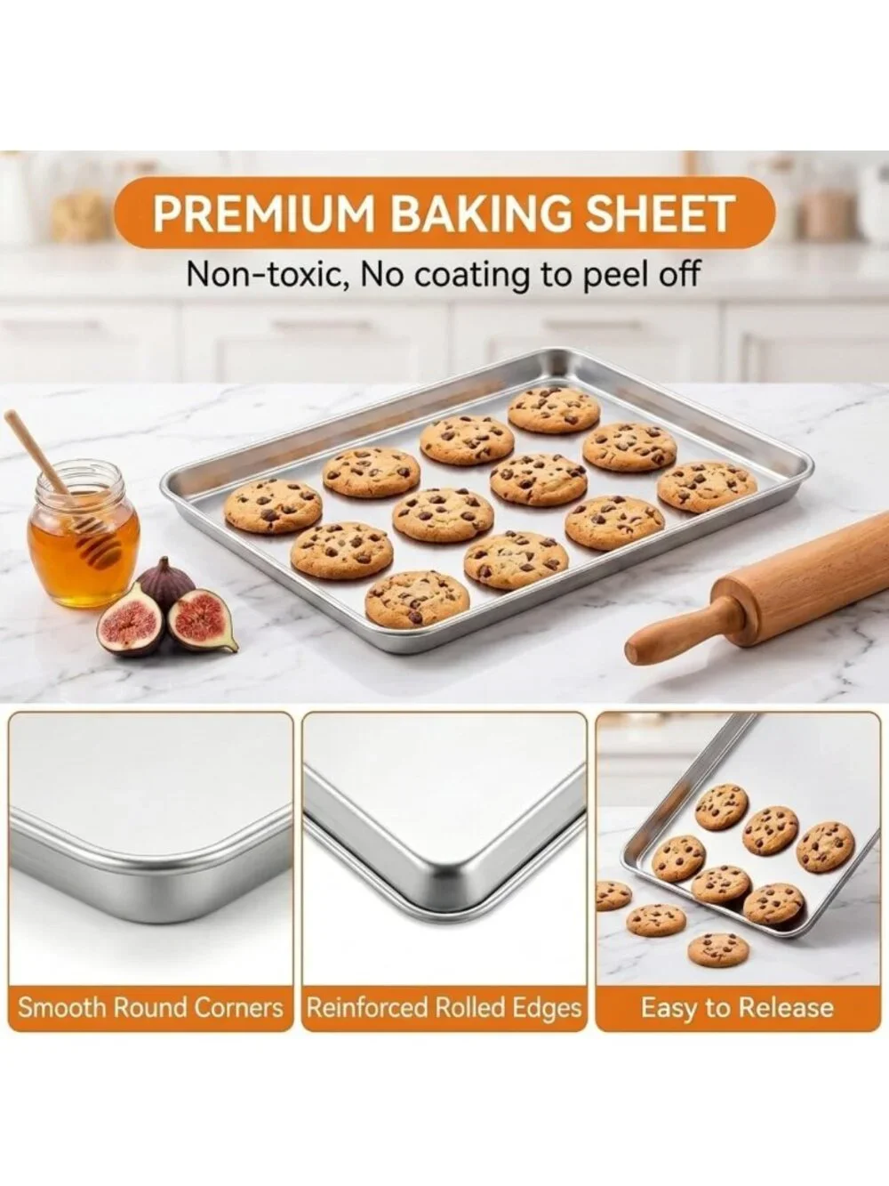 Large Stainless Steel Baking Sheets Set of 2 | Non-Toxic, Easy Clean, Heavy Duty
